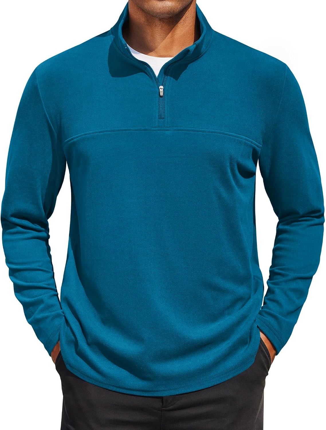 image:imageCOOFANDY Mens Quarter Zip Pullover Sweater Mock Neck Sweatshirt Casual PoloDark Blue