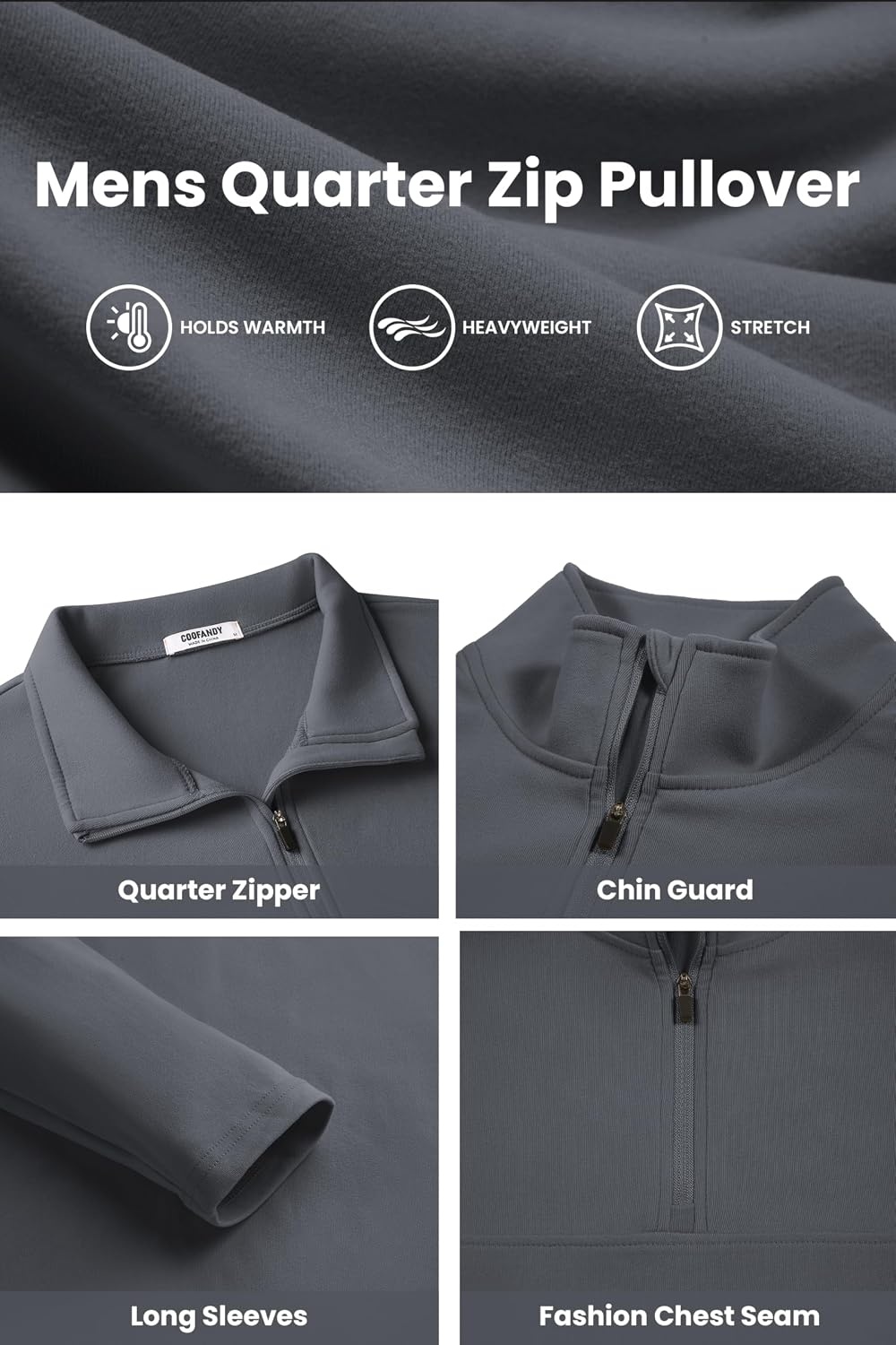 image:imageCOOFANDY Mens Quarter Zip Pullover Sweater Mock Neck Sweatshirt Casual PoloDark Grey