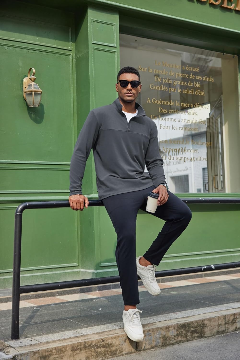 image:imageCOOFANDY Mens Quarter Zip Pullover Sweater Mock Neck Sweatshirt Casual PoloDark Grey