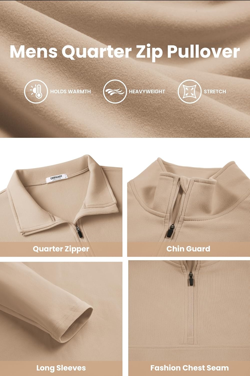 image:imageCOOFANDY Mens Quarter Zip Pullover Sweater Mock Neck Sweatshirt Casual PoloKhaki