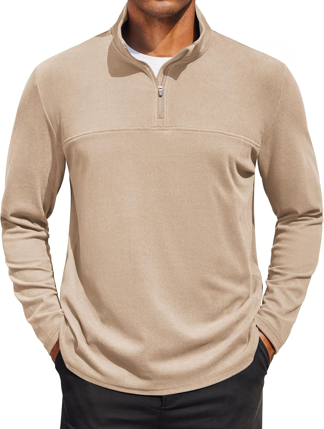 image:imageCOOFANDY Mens Quarter Zip Pullover Sweater Mock Neck Sweatshirt Casual PoloKhaki