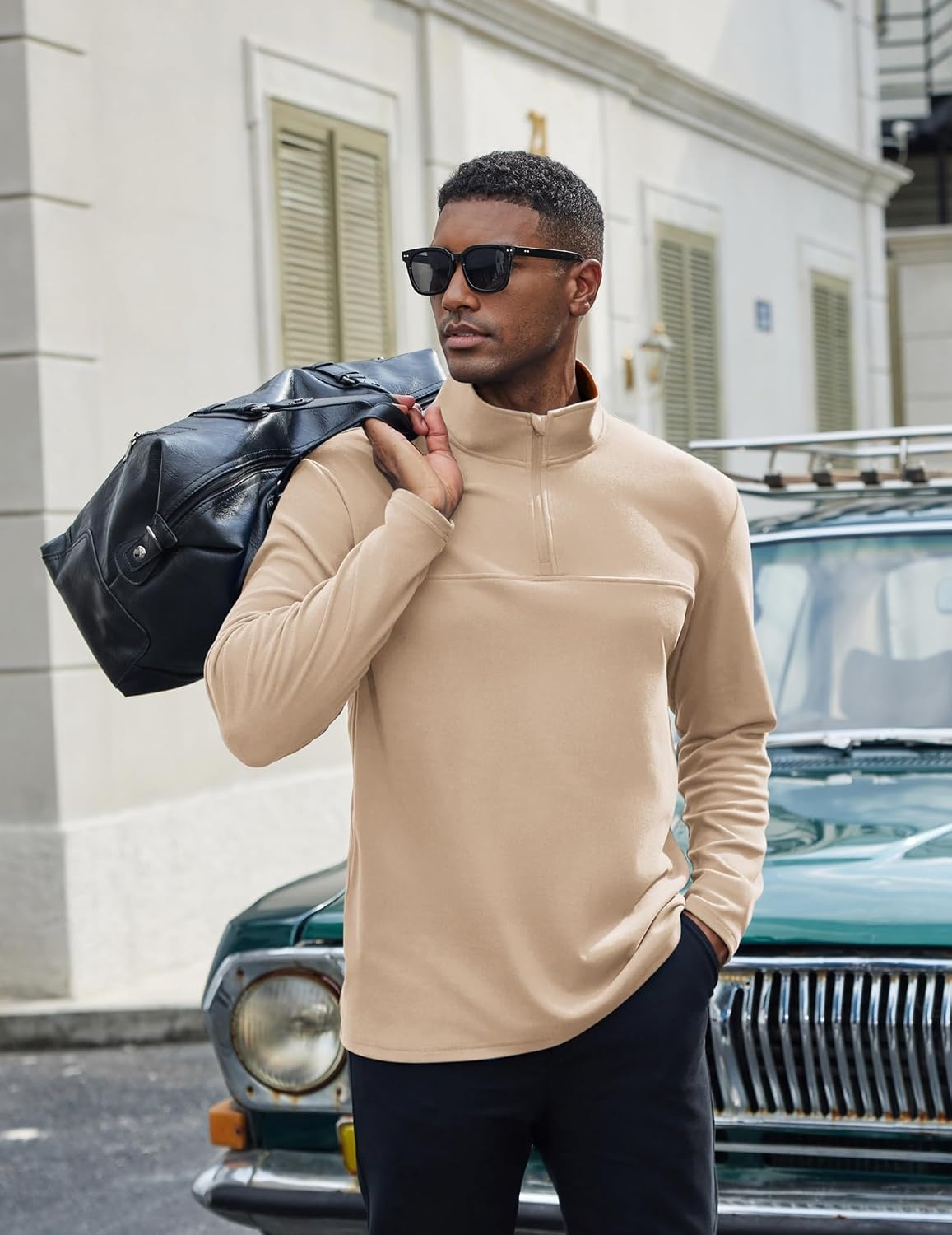 image:imageCOOFANDY Mens Quarter Zip Pullover Sweater Mock Neck Sweatshirt Casual PoloKhakibrown Collar