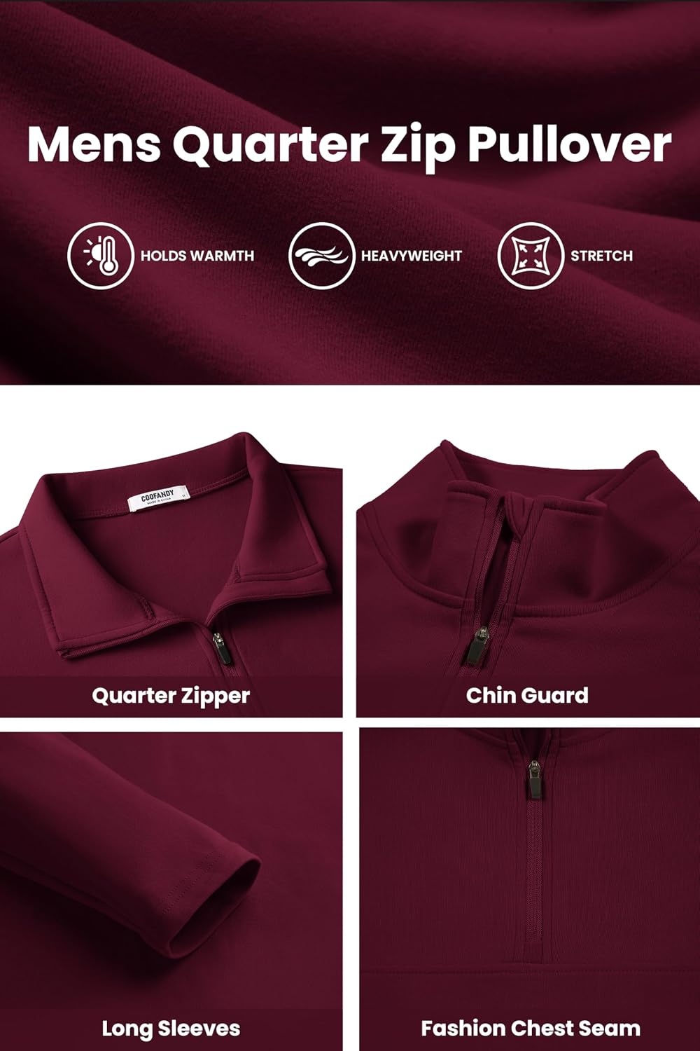 image:imageCOOFANDY Mens Quarter Zip Pullover Sweater Mock Neck Sweatshirt Casual PoloWine Red