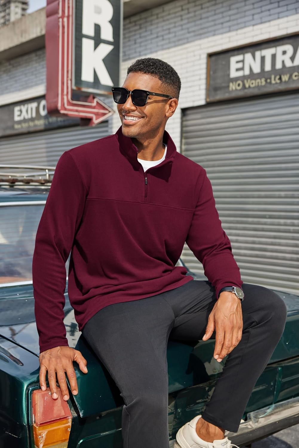 image:imageCOOFANDY Mens Quarter Zip Pullover Sweater Mock Neck Sweatshirt Casual PoloWine Red