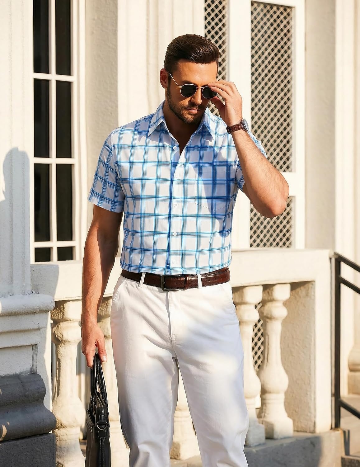 image:imageCOOFANDY Mens Short Sleeve Button Down Shirts Plaid Summer Dress Shirt with Pocket Business Casual Outfits for MenBlue White Plaid