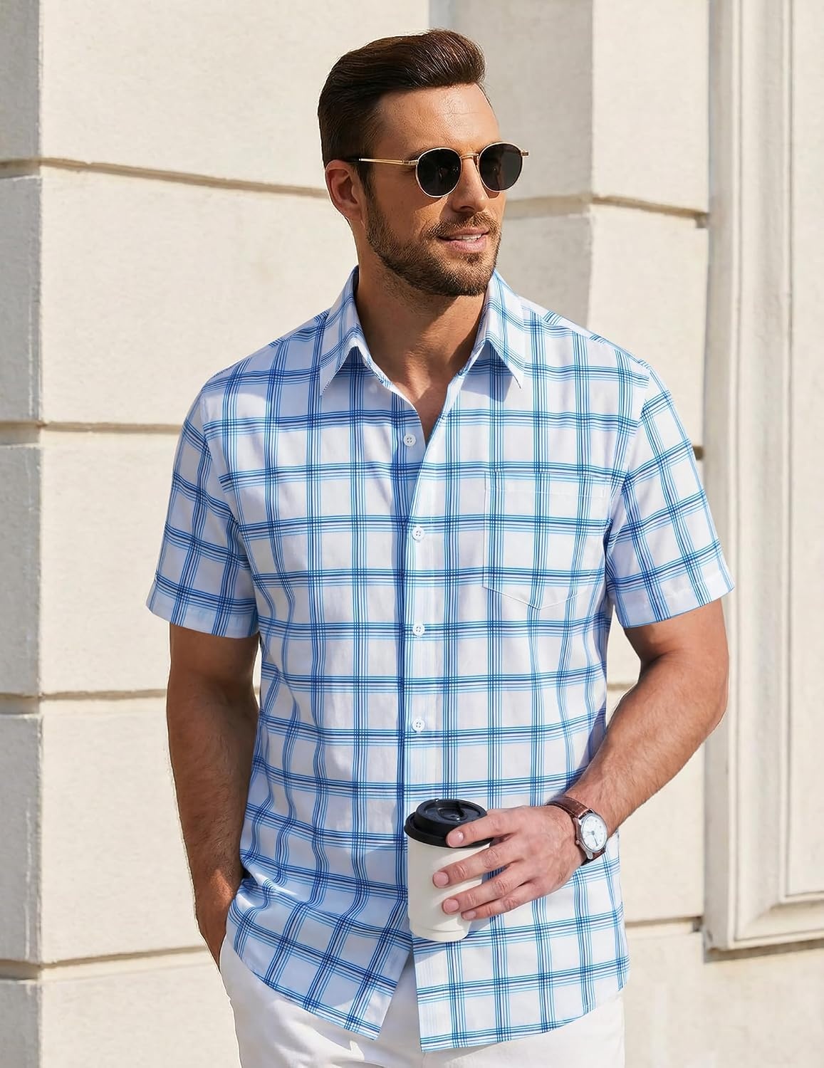 image:imageCOOFANDY Mens Short Sleeve Button Down Shirts Plaid Summer Dress Shirt with Pocket Business Casual Outfits for MenBlue White Plaid