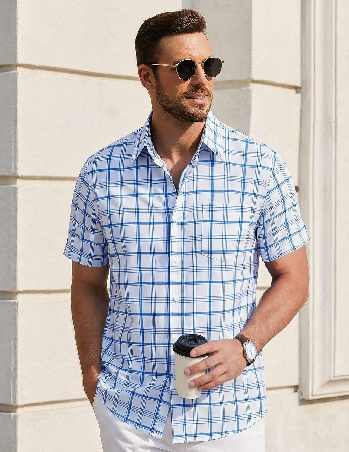 image:imageCOOFANDY Mens Short Sleeve Button Down Shirts Plaid Summer Dress Shirt with Pocket Business Casual Outfits for MenDark Blue White