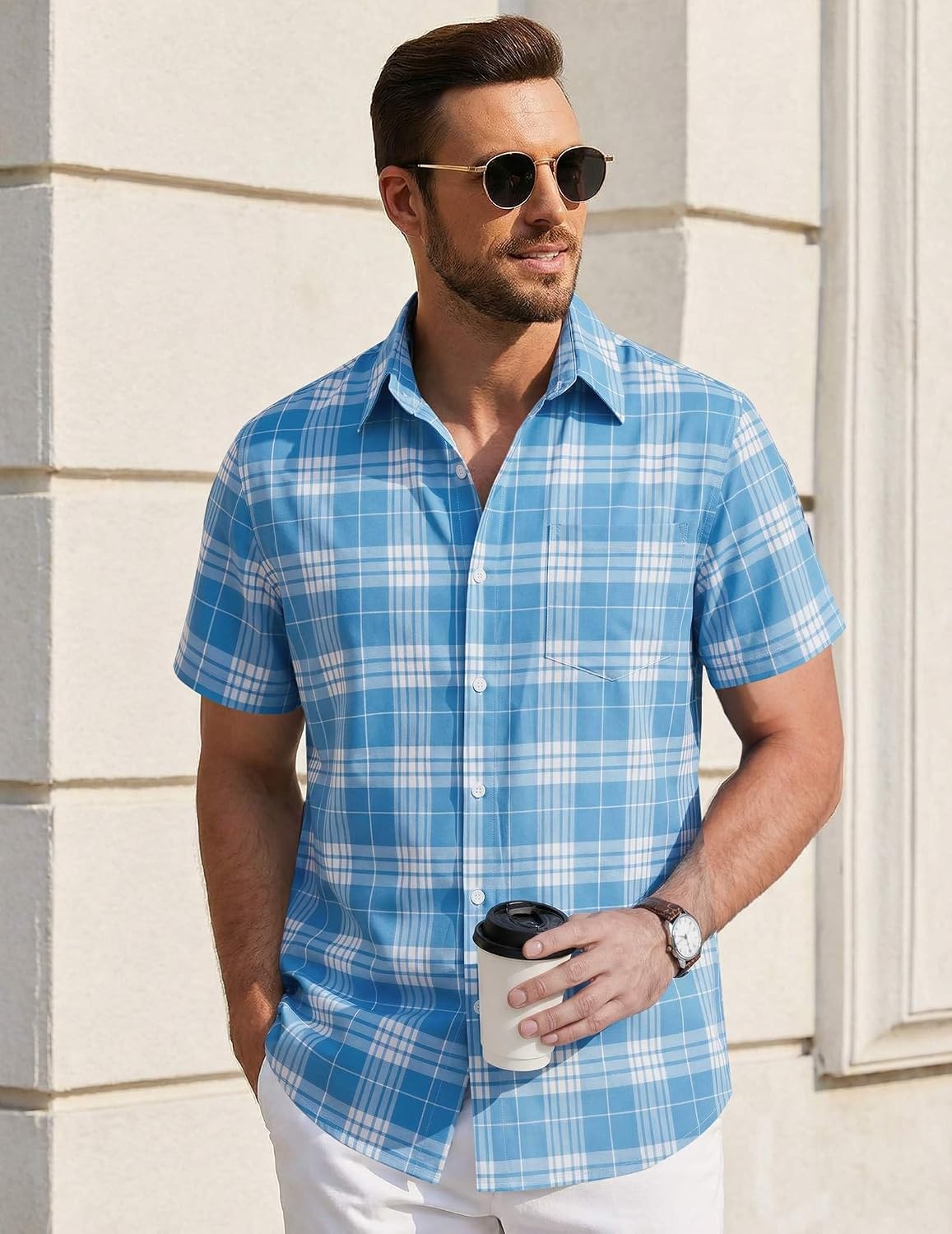 image:imageCOOFANDY Mens Short Sleeve Button Down Shirts Plaid Summer Dress Shirt with Pocket Business Casual Outfits for MenLight Blue Plaid