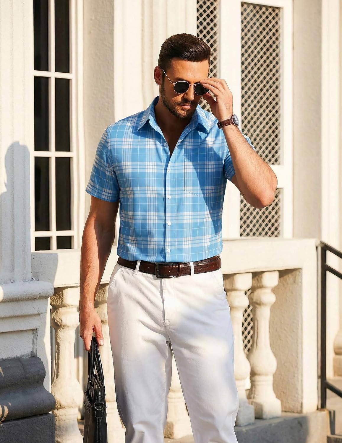 image:imageCOOFANDY Mens Short Sleeve Button Down Shirts Plaid Summer Dress Shirt with Pocket Business Casual Outfits for MenLight Blue Plaid