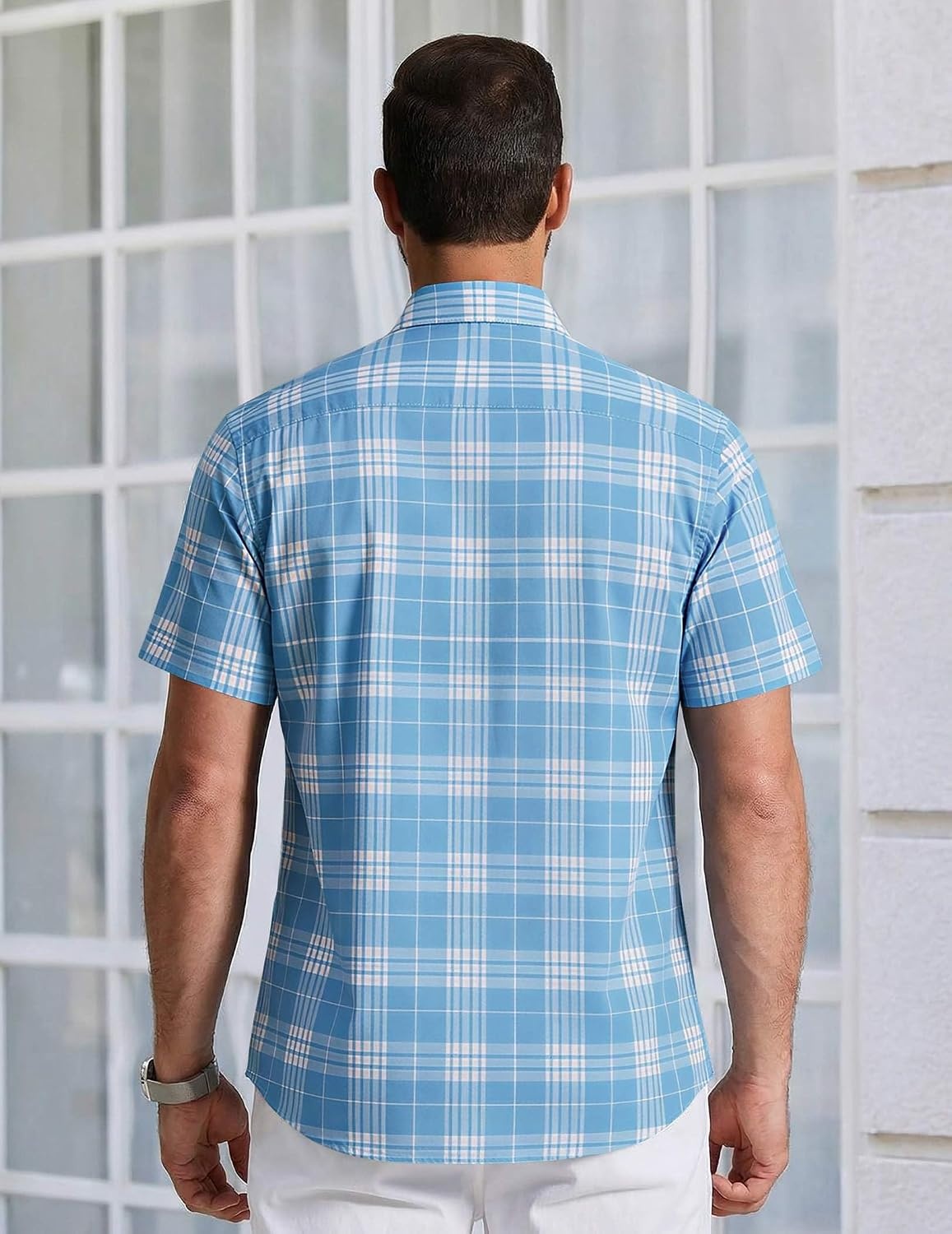 image:imageCOOFANDY Mens Short Sleeve Button Down Shirts Plaid Summer Dress Shirt with Pocket Business Casual Outfits for MenLight Blue Plaid