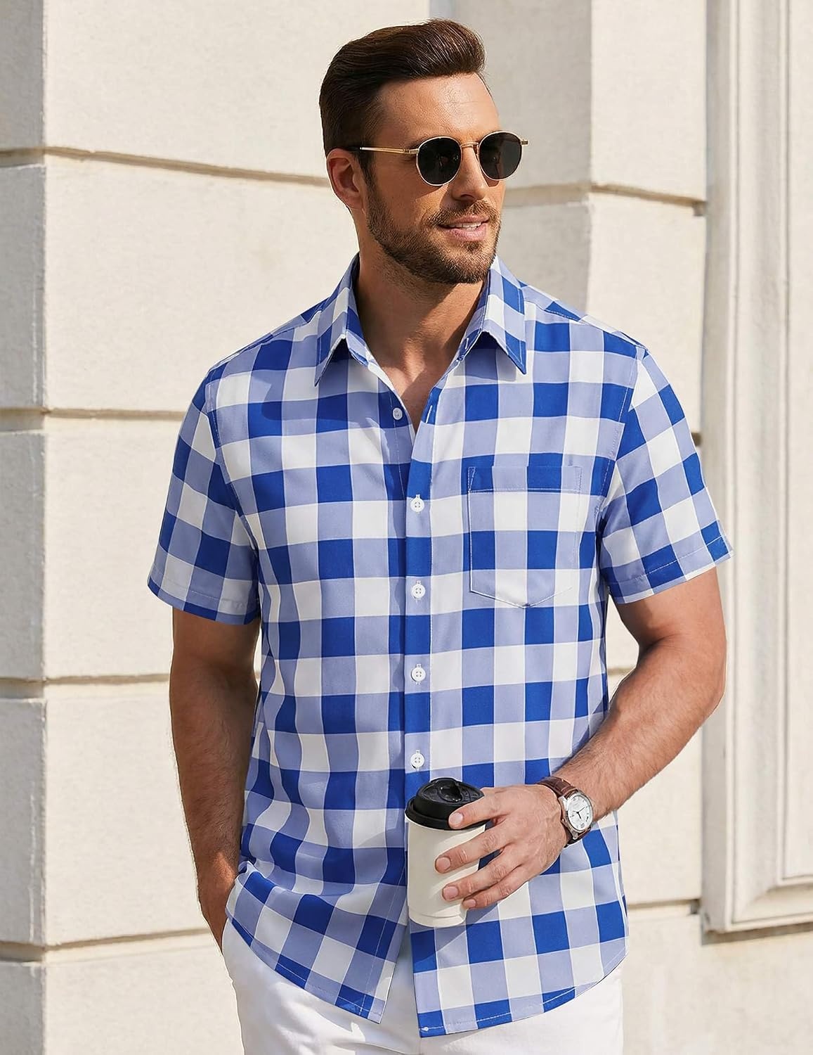 image:imageCOOFANDY Mens Short Sleeve Button Down Shirts Plaid Summer Dress Shirt with Pocket Business Casual Outfits for MenNavy White Check