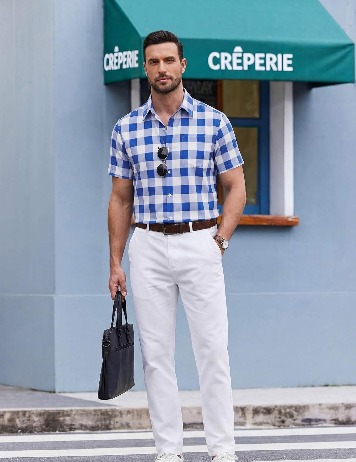 image:imageCOOFANDY Mens Short Sleeve Button Down Shirts Plaid Summer Dress Shirt with Pocket Business Casual Outfits for MenNavy White Check