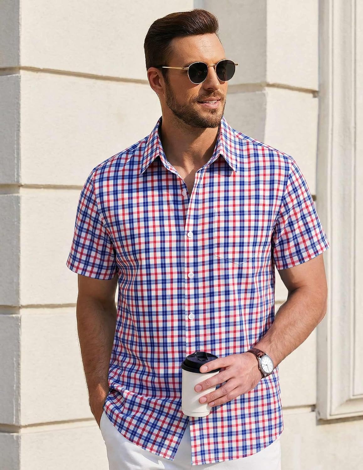 image:imageCOOFANDY Mens Short Sleeve Button Down Shirts Plaid Summer Dress Shirt with Pocket Business Casual Outfits for MenRed Blue Plaid