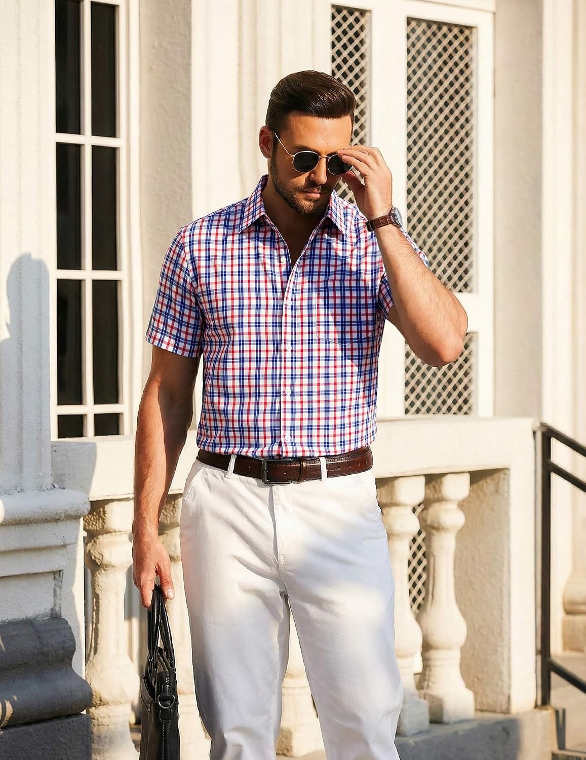 image:imageCOOFANDY Mens Short Sleeve Button Down Shirts Plaid Summer Dress Shirt with Pocket Business Casual Outfits for MenRed Blue Plaid