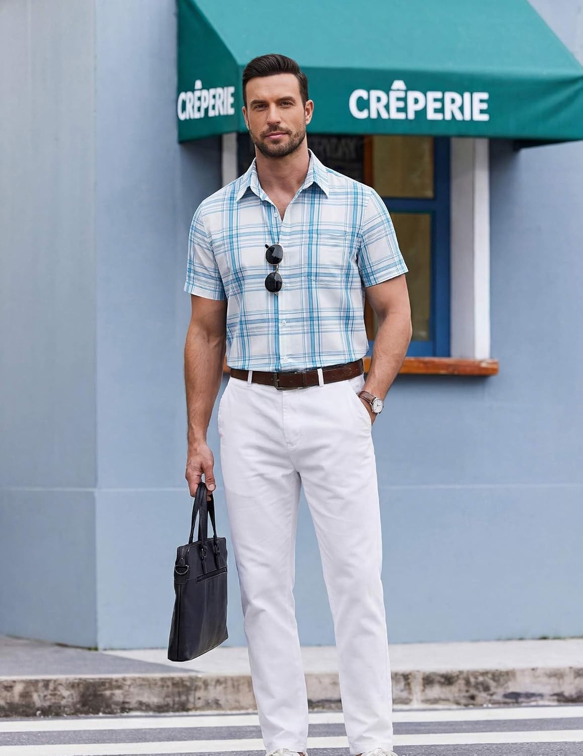 image:imageCOOFANDY Mens Short Sleeve Button Down Shirts Plaid Summer Dress Shirt with Pocket Business Casual Outfits for MenWhite Blue Plaid