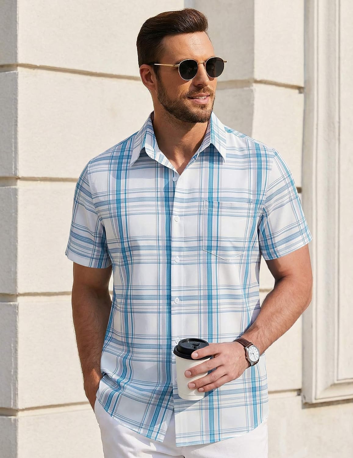 image:imageCOOFANDY Mens Short Sleeve Button Down Shirts Plaid Summer Dress Shirt with Pocket Business Casual Outfits for MenWhite Blue Plaid