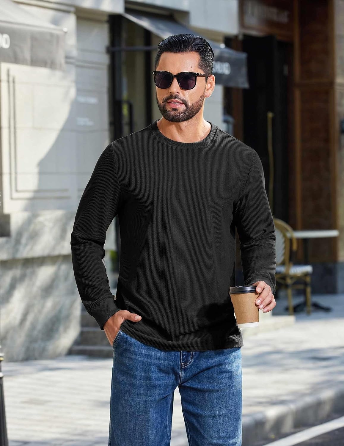 image:imageCOOFANDY Mens T Shirts Long Sleeve Casual Crew Neck Ribbed Tee Shirt Basic TopBlack