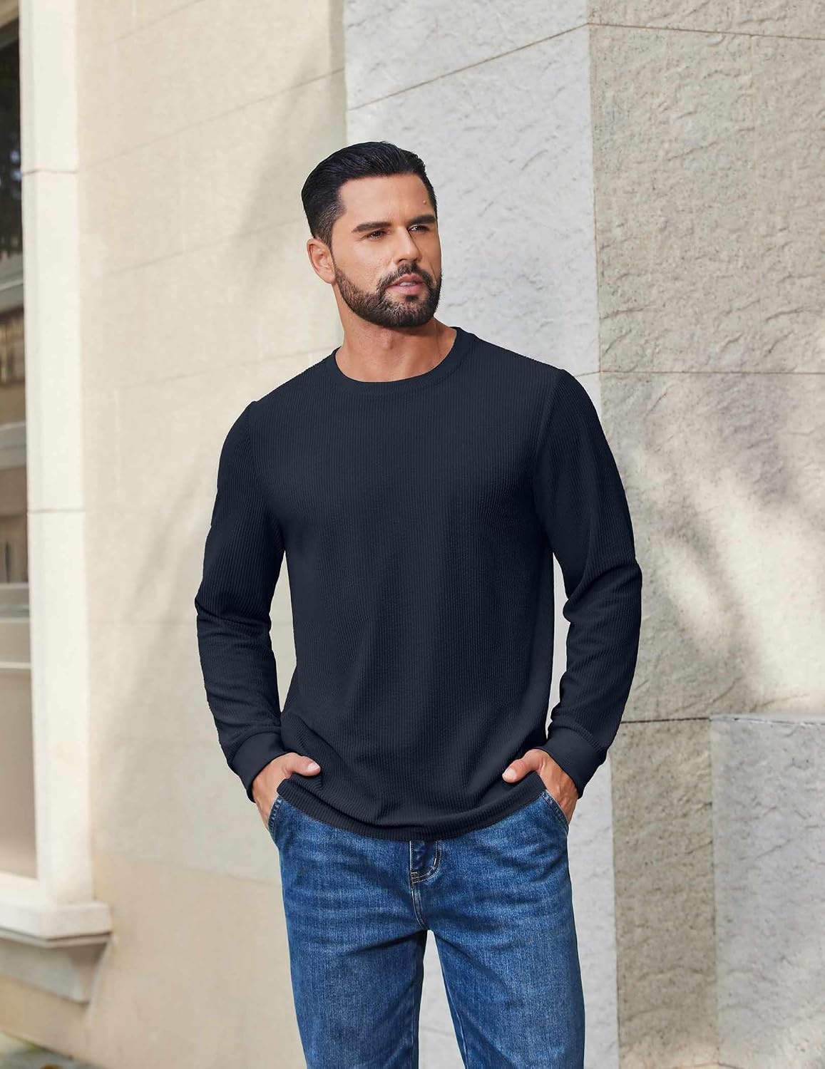 image:imageCOOFANDY Mens T Shirts Long Sleeve Casual Crew Neck Ribbed Tee Shirt Basic TopBlue Violet