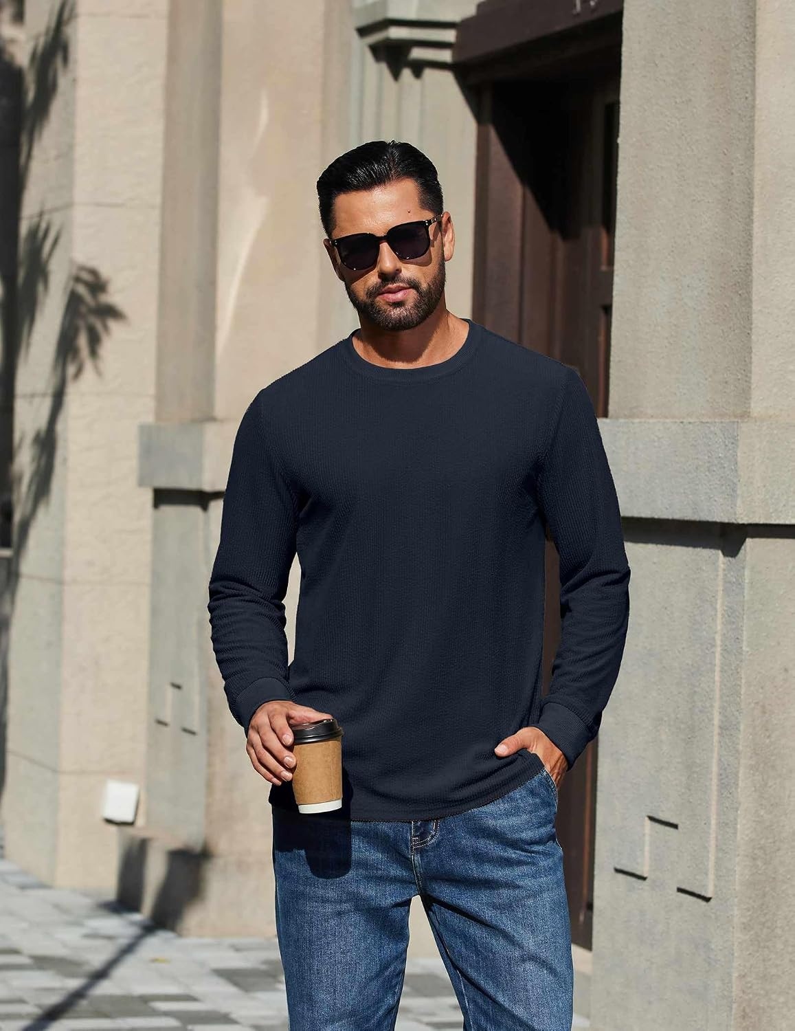 image:imageCOOFANDY Mens T Shirts Long Sleeve Casual Crew Neck Ribbed Tee Shirt Basic TopBlue Violet