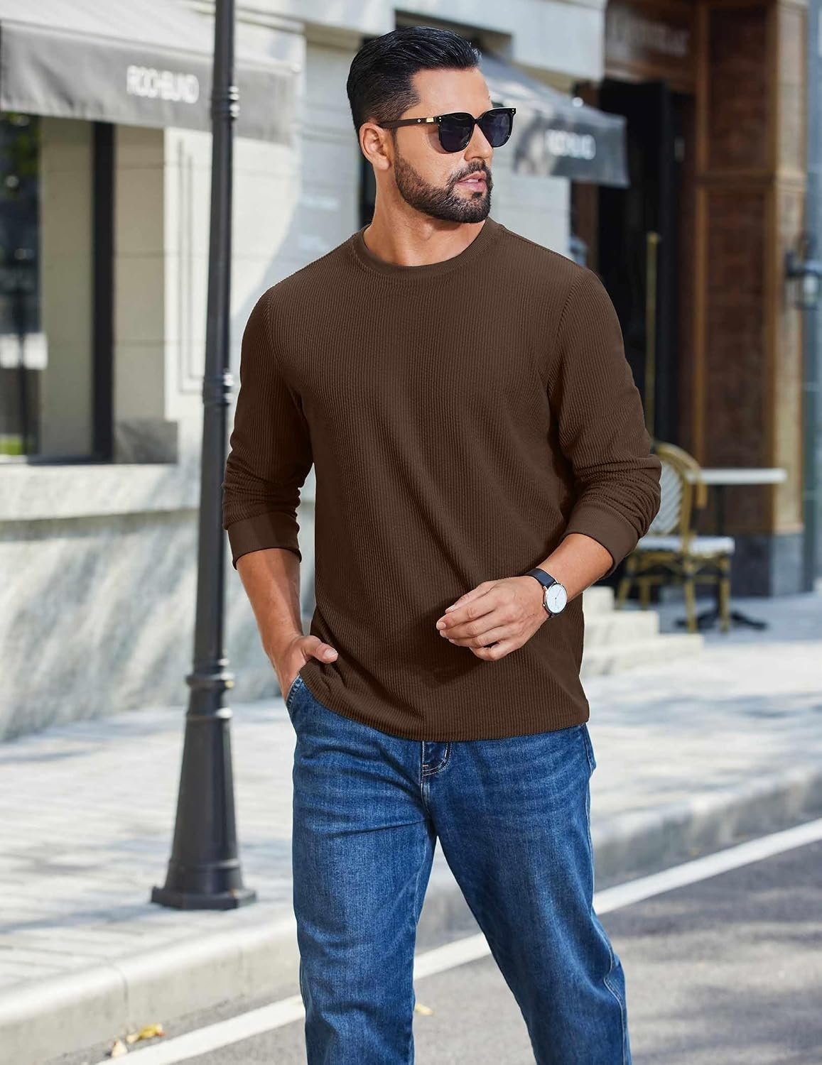 image:imageCOOFANDY Mens T Shirts Long Sleeve Casual Crew Neck Ribbed Tee Shirt Basic TopBrown