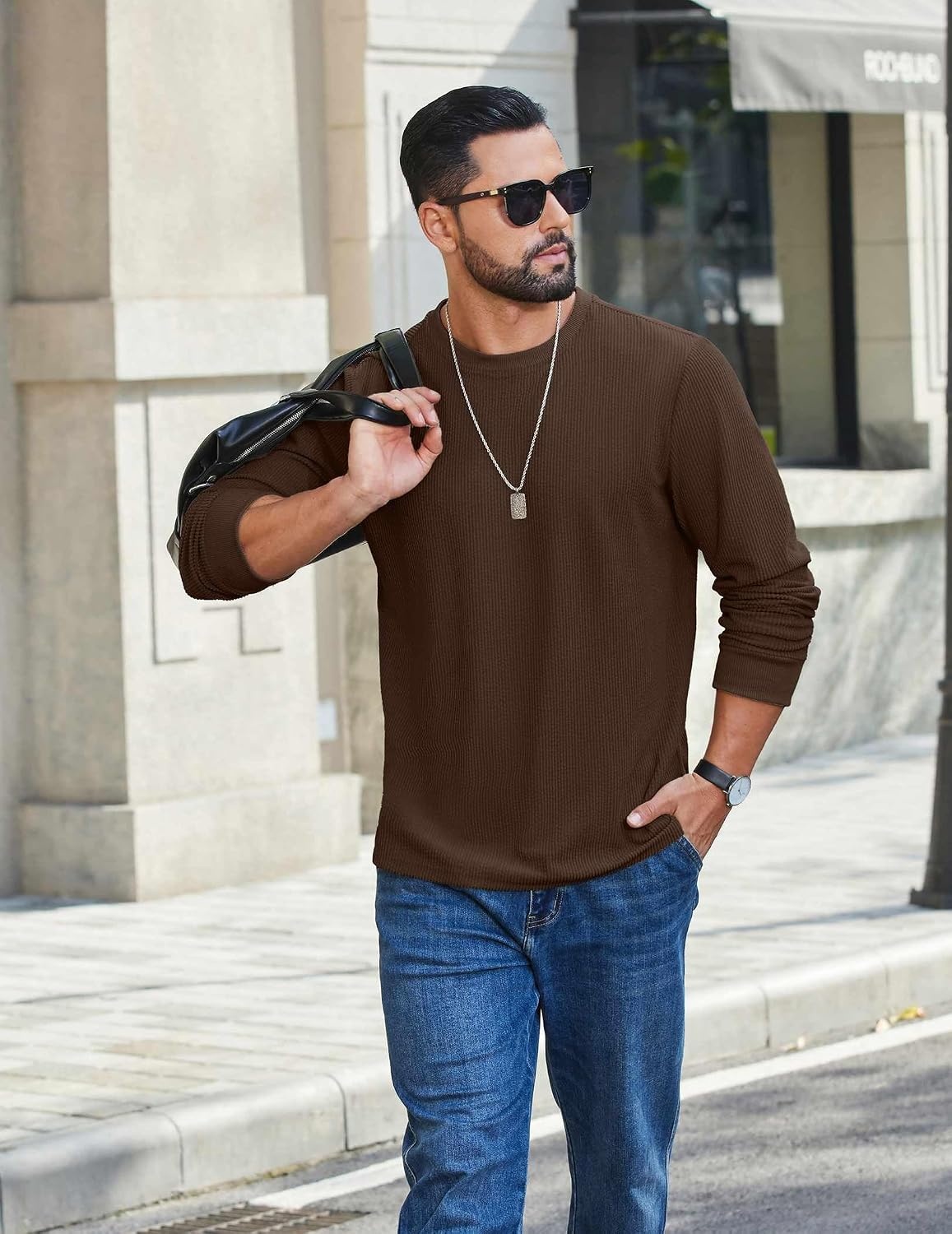 image:imageCOOFANDY Mens T Shirts Long Sleeve Casual Crew Neck Ribbed Tee Shirt Basic TopBrown