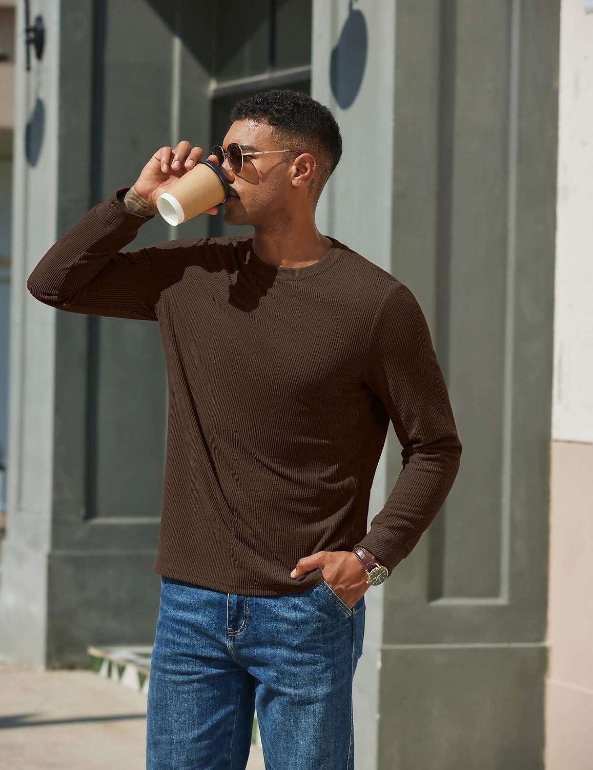 image:imageCOOFANDY Mens T Shirts Long Sleeve Casual Crew Neck Ribbed Tee Shirt Basic TopBrown