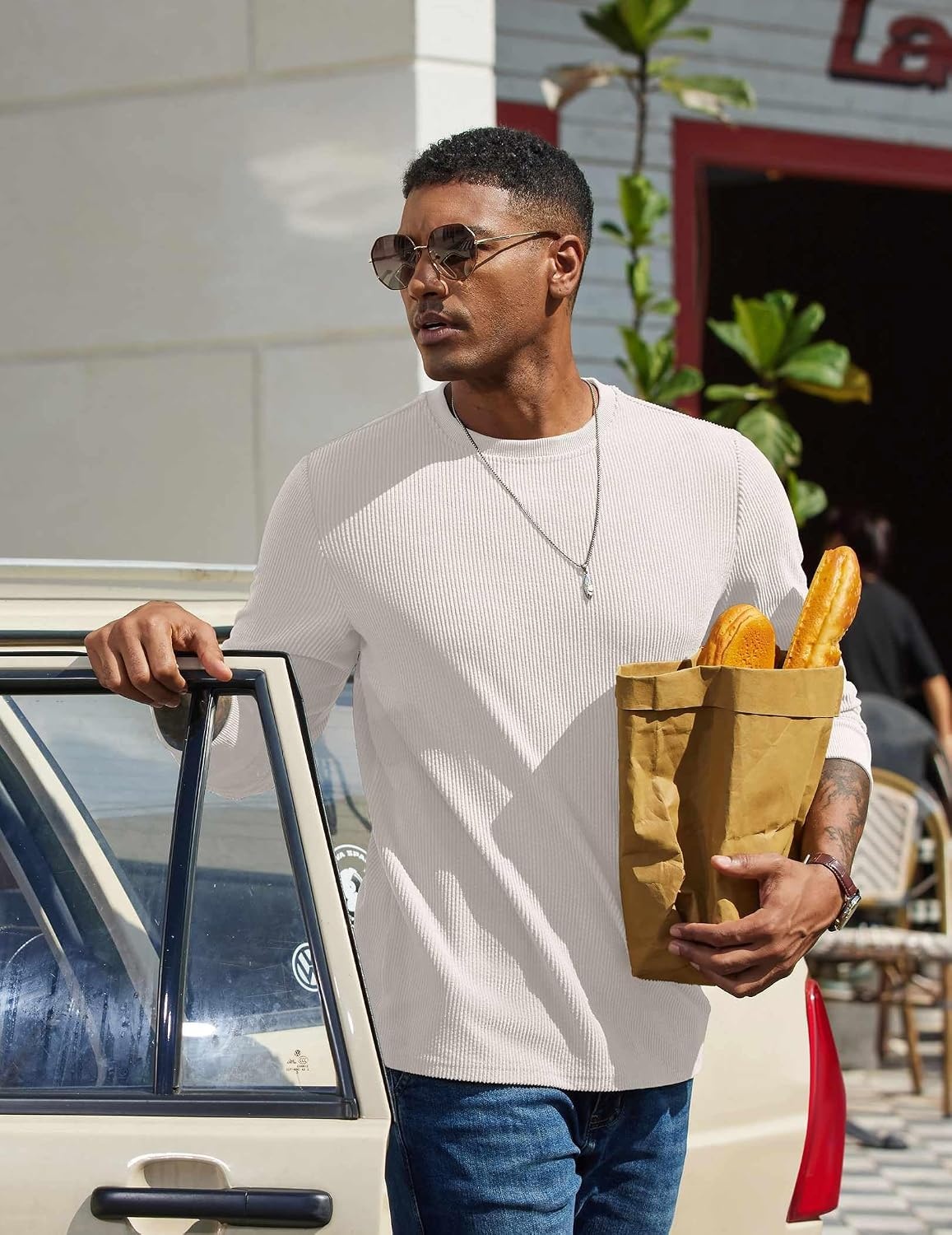 image:imageCOOFANDY Mens T Shirts Long Sleeve Casual Crew Neck Ribbed Tee Shirt Basic TopWhite