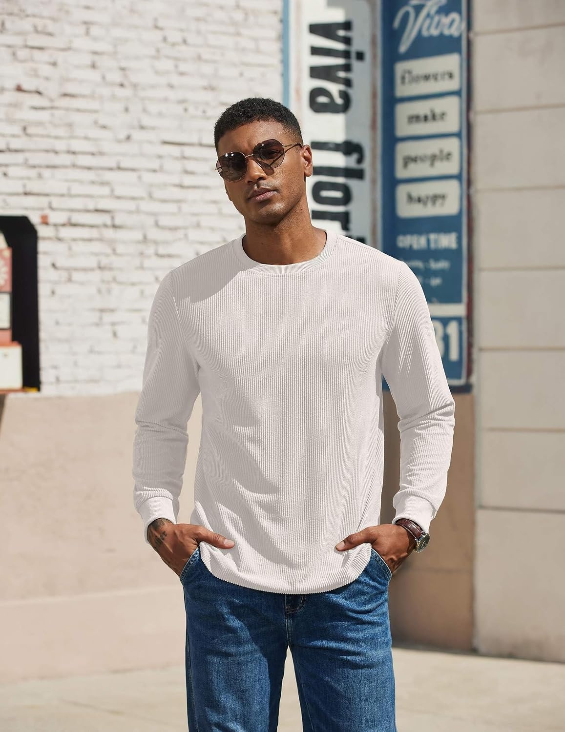 image:imageCOOFANDY Mens T Shirts Long Sleeve Casual Crew Neck Ribbed Tee Shirt Basic TopWhite
