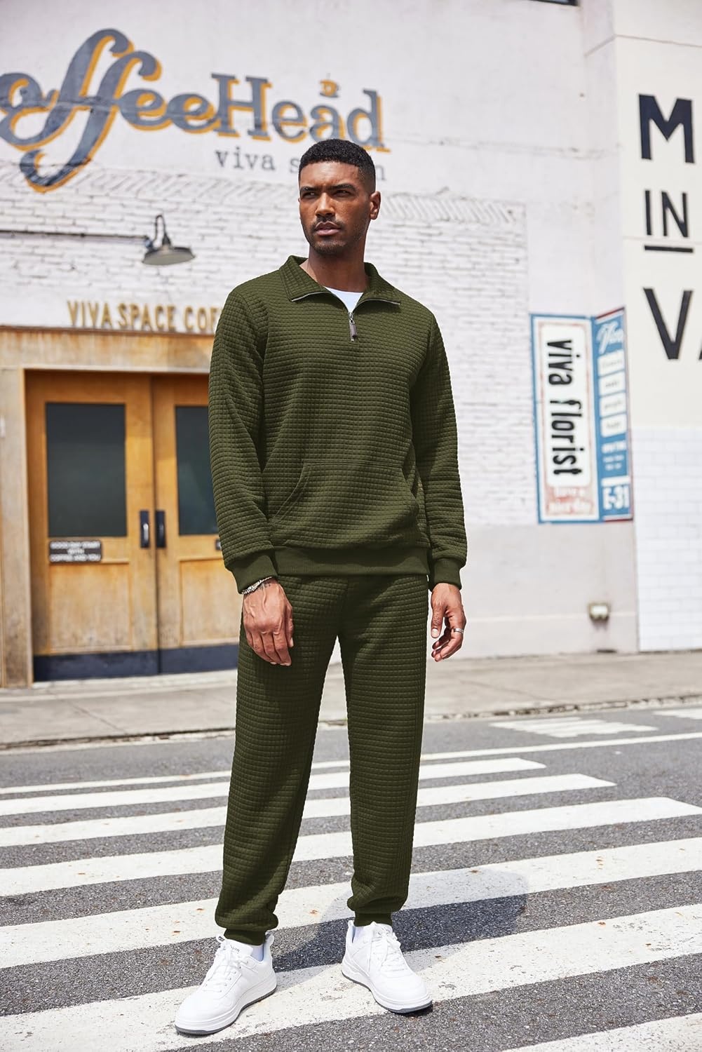 image:imageCOOFANDY Mens Tracksuit 2 Piece Quarter Zip Sweatsuit Workout Jogging SetArmy Green