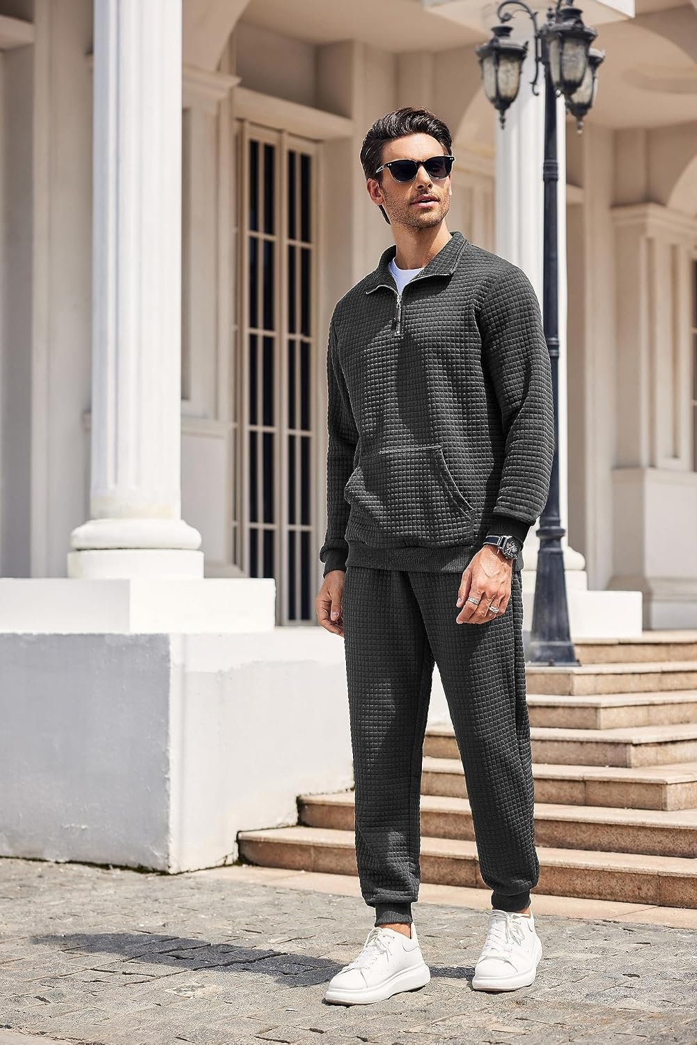 image:imageCOOFANDY Mens Tracksuit 2 Piece Quarter Zip Sweatsuit Workout Jogging SetDark Grey