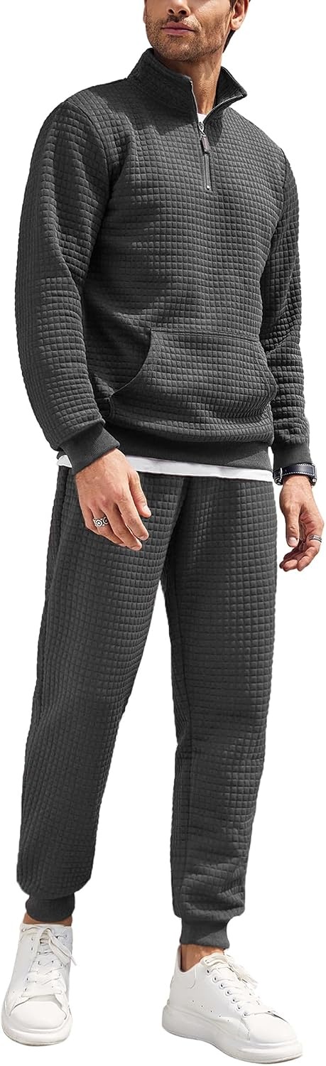 image:imageCOOFANDY Mens Tracksuit 2 Piece Quarter Zip Sweatsuit Workout Jogging SetDark Grey