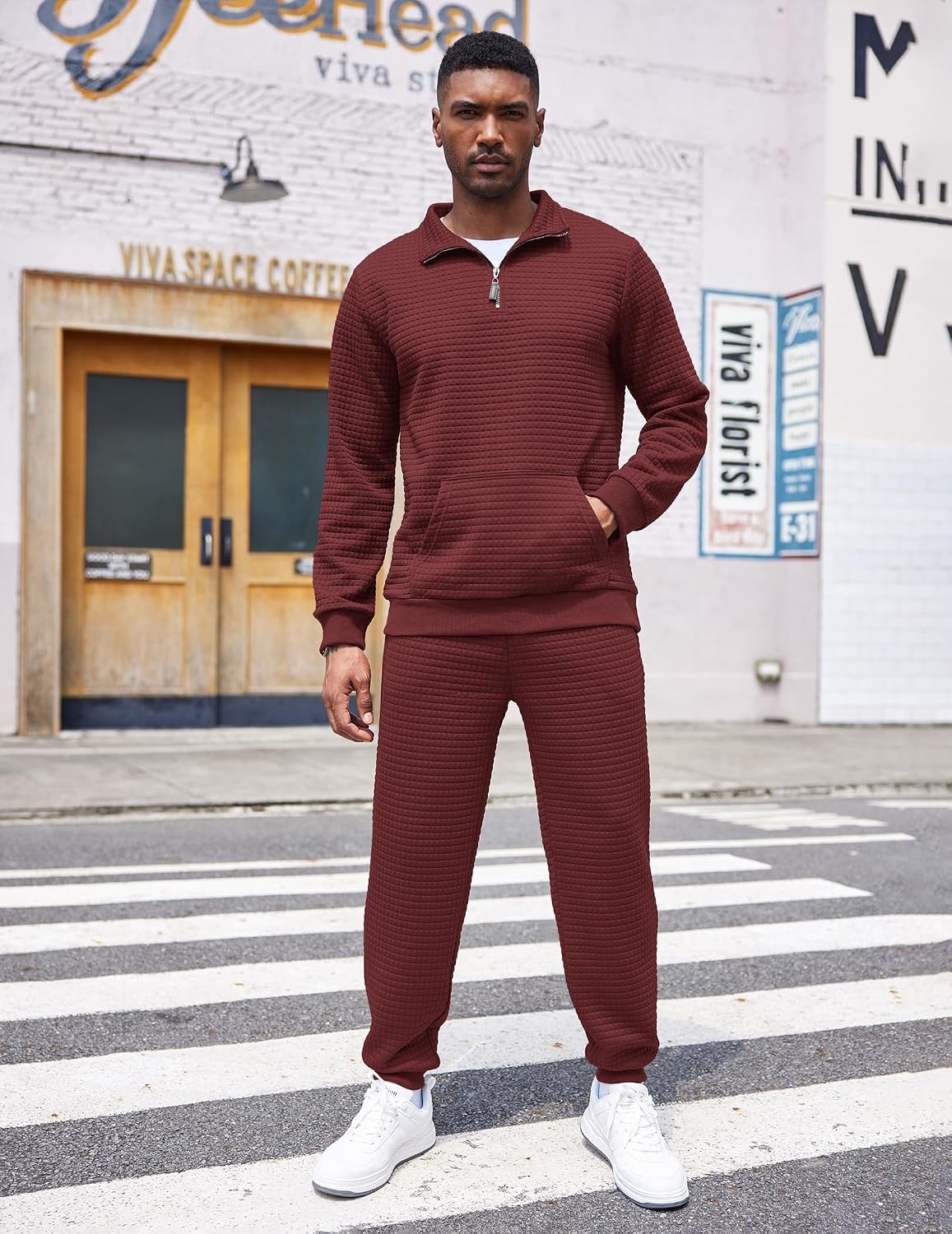 image:imageCOOFANDY Mens Tracksuit 2 Piece Quarter Zip Sweatsuit Workout Jogging SetDark Red