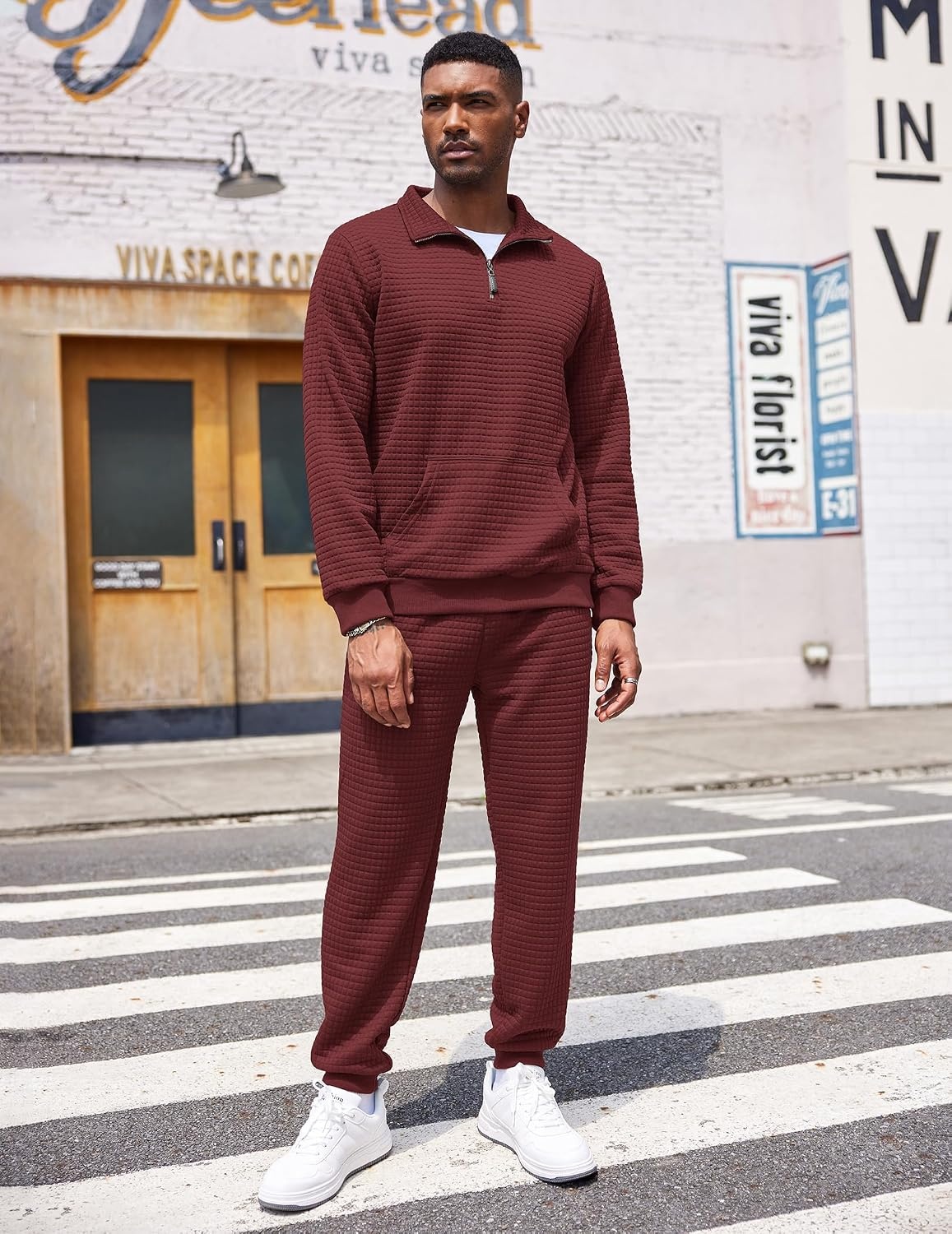 image:imageCOOFANDY Mens Tracksuit 2 Piece Quarter Zip Sweatsuit Workout Jogging SetDark Red