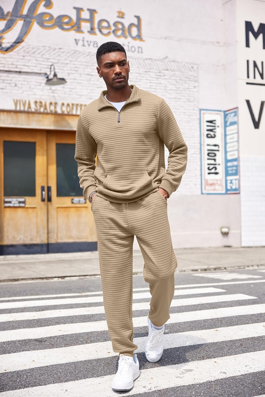 image:imageCOOFANDY Mens Tracksuit 2 Piece Quarter Zip Sweatsuit Workout Jogging SetKhaki