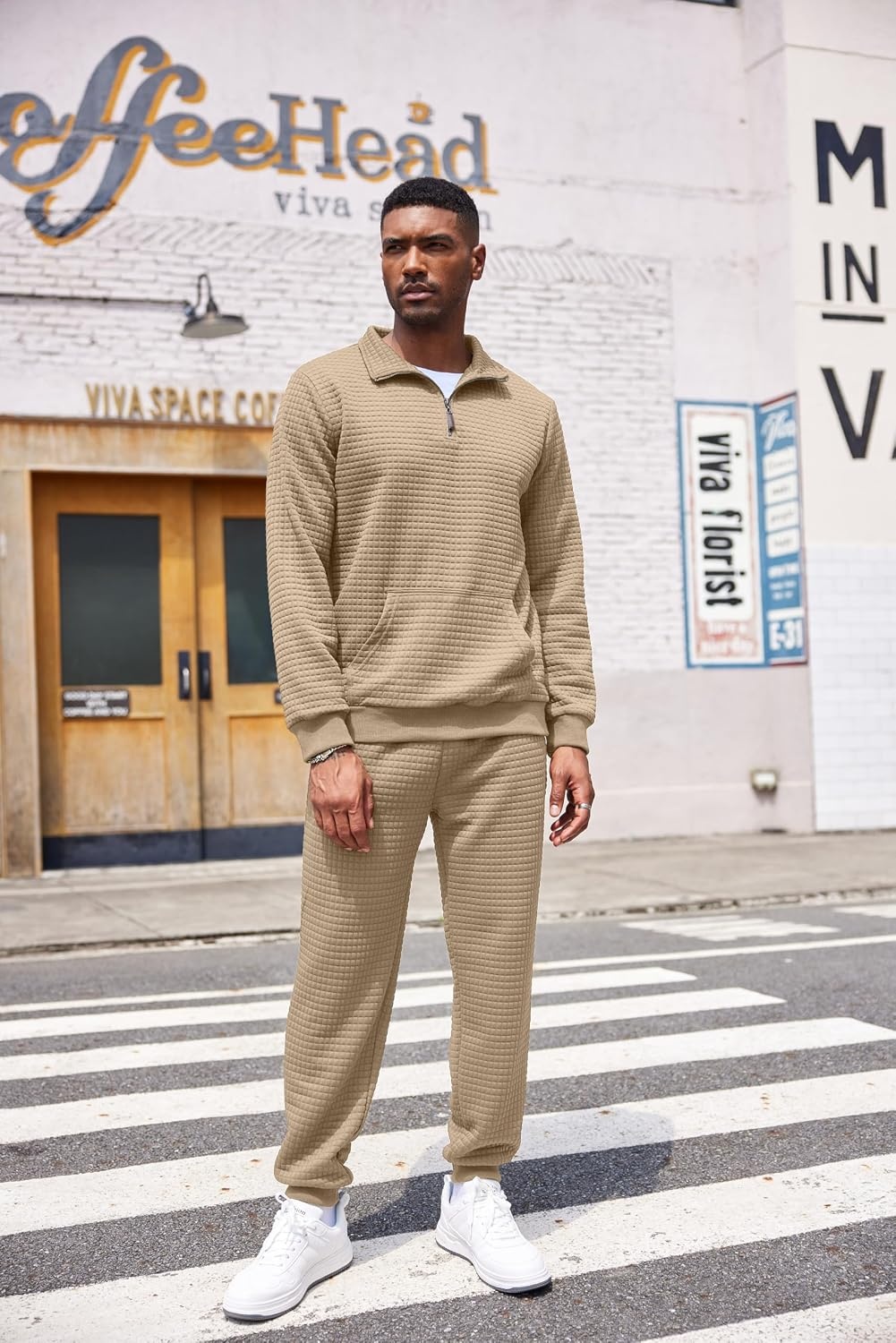 image:imageCOOFANDY Mens Tracksuit 2 Piece Quarter Zip Sweatsuit Workout Jogging SetKhaki