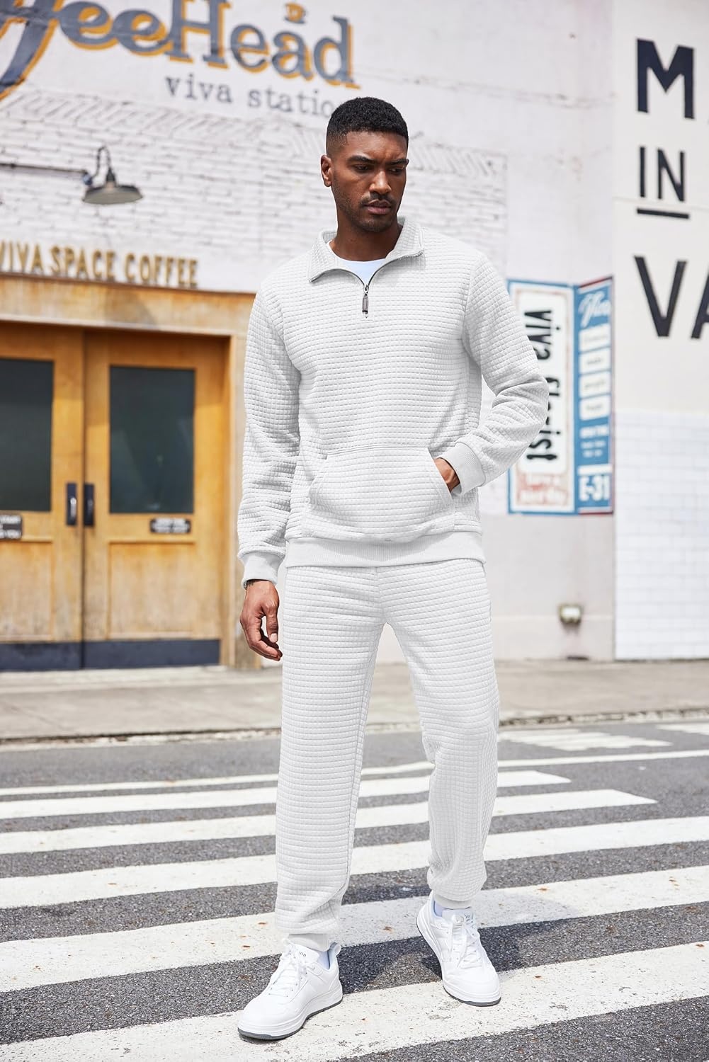 image:imageCOOFANDY Mens Tracksuit 2 Piece Quarter Zip Sweatsuit Workout Jogging SetWhite
