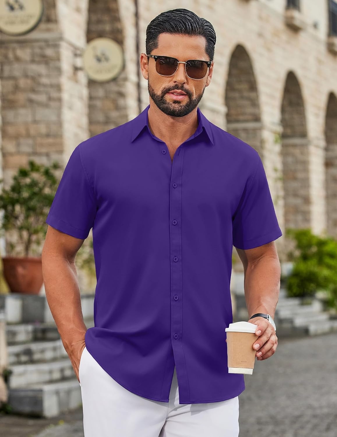 image:imageCOOFANDY Mens Untucked Dress Shirts Short Sleeve Casual Button Down ShirtPurple