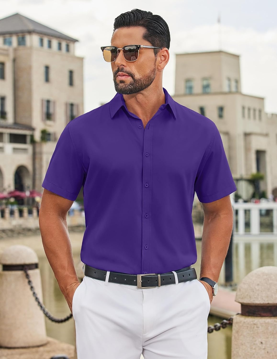 image:imageCOOFANDY Mens Untucked Dress Shirts Short Sleeve Casual Button Down ShirtPurple