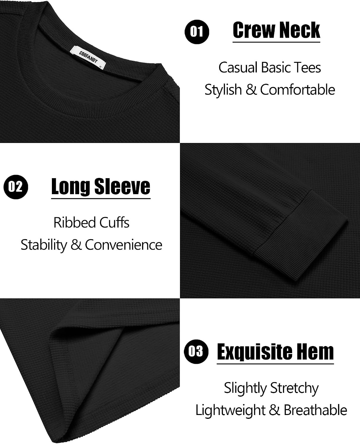 image:imageCOOFANDY Mens Waffle Thermal Long Sleeve Shirts Casual Crew Neck T ShirtAll Black