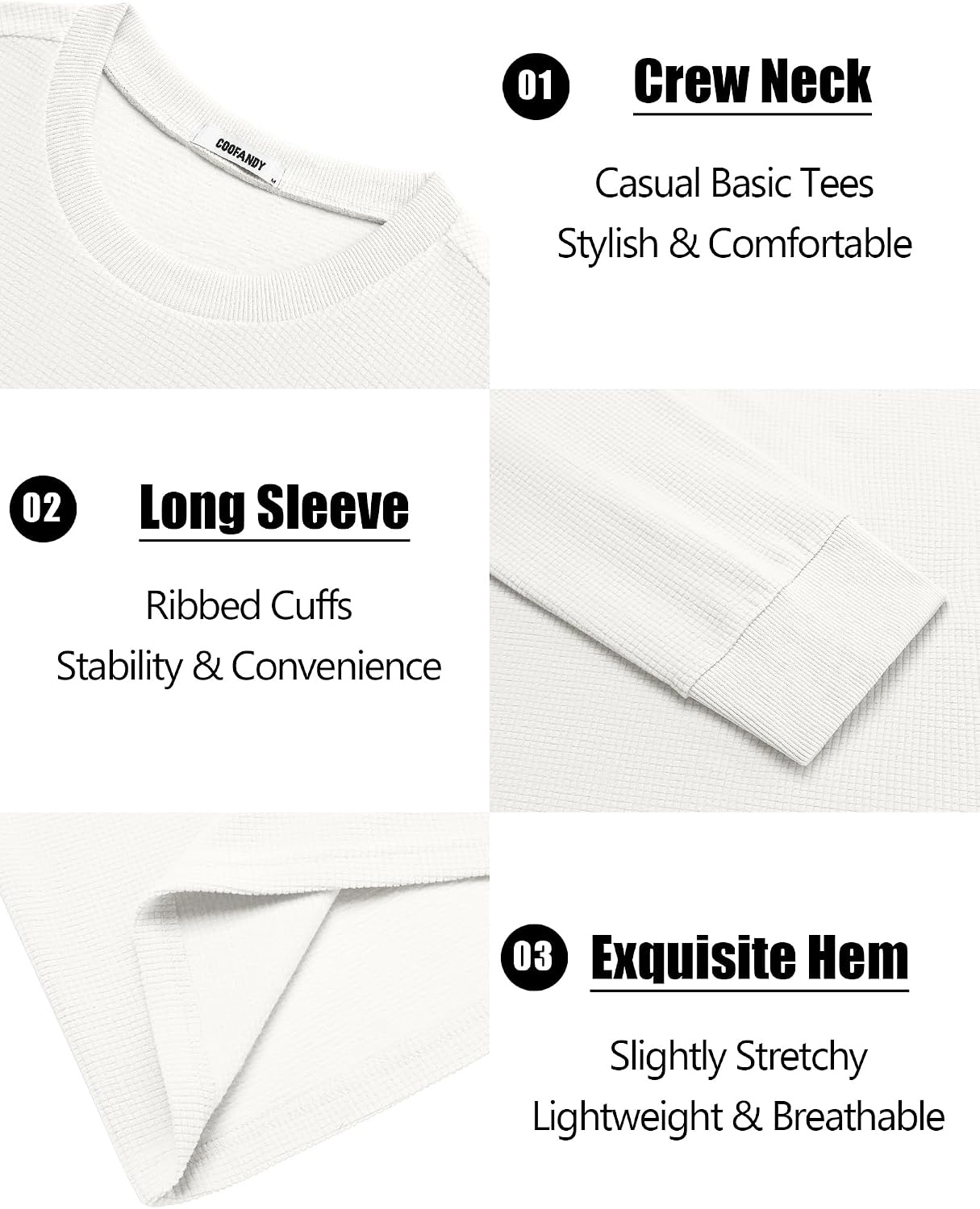 image:imageCOOFANDY Mens Waffle Thermal Long Sleeve Shirts Casual Crew Neck T ShirtAll White