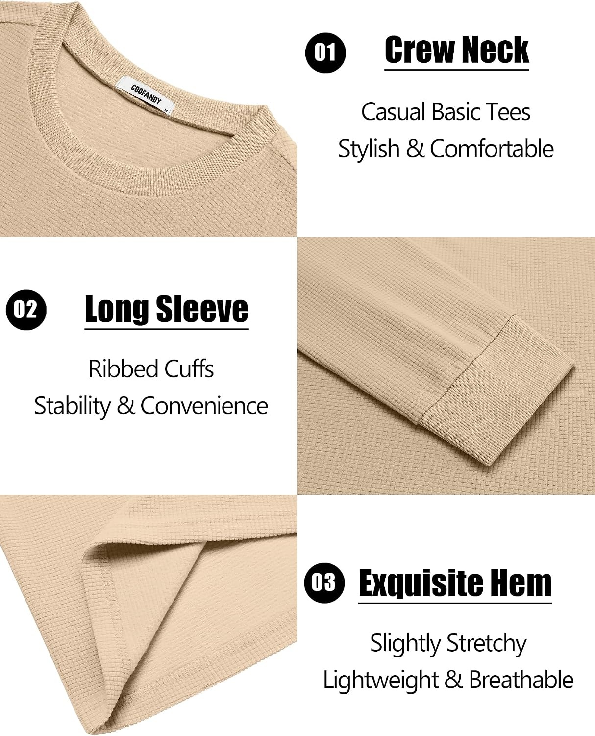 image:imageCOOFANDY Mens Waffle Thermal Long Sleeve Shirts Casual Crew Neck T ShirtBeige