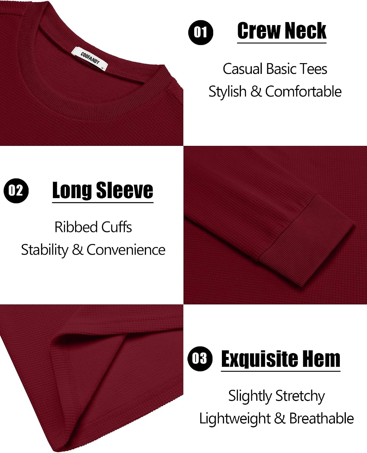 image:imageCOOFANDY Mens Waffle Thermal Long Sleeve Shirts Casual Crew Neck T ShirtBurgundy