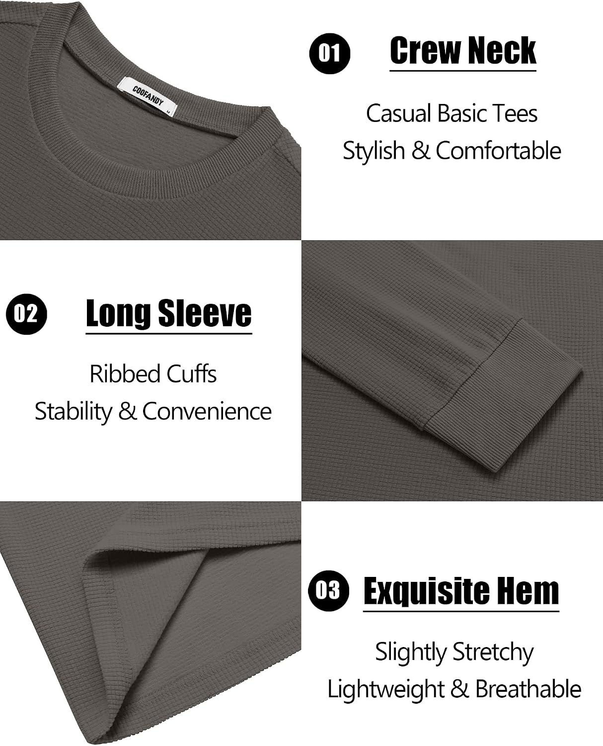 image:imageCOOFANDY Mens Waffle Thermal Long Sleeve Shirts Casual Crew Neck T ShirtDark Grey