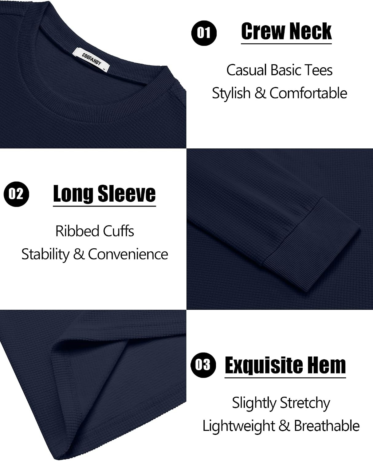image:imageCOOFANDY Mens Waffle Thermal Long Sleeve Shirts Casual Crew Neck T ShirtNavy Blue