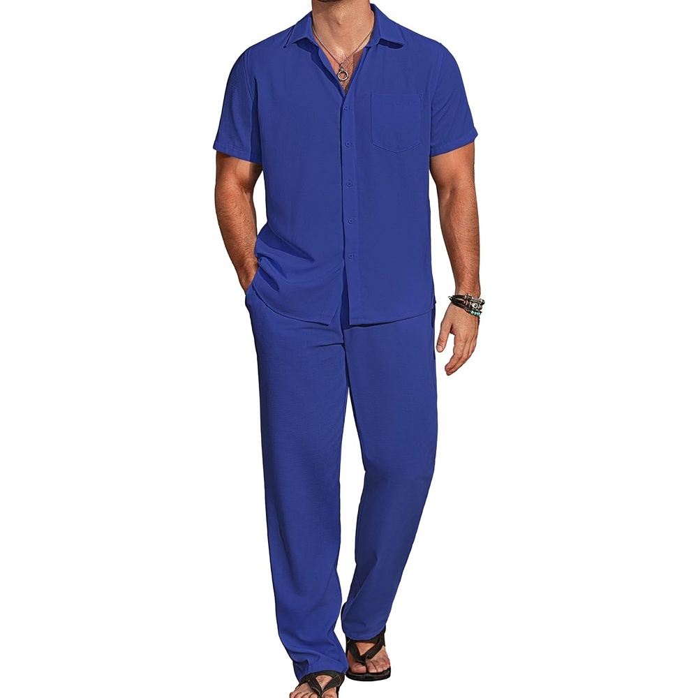 image:imageCOOFANDY Mens 2 Piece Casual Beach Set Button Down Shirt and Loose PantsDark Blue
