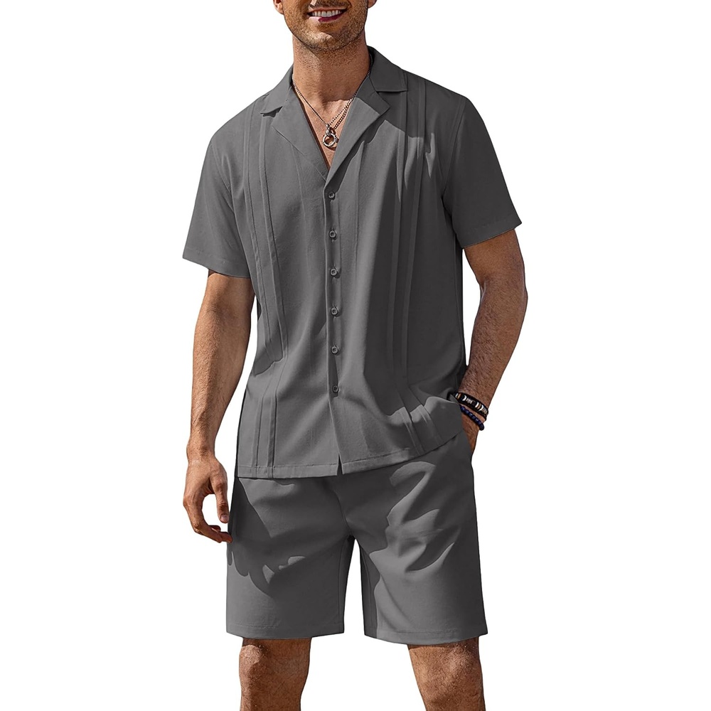 image:imageCOOFANDY Mens 2 Piece Short Set Guayabera Button Down Shirt Casual OutfitsDark Grey