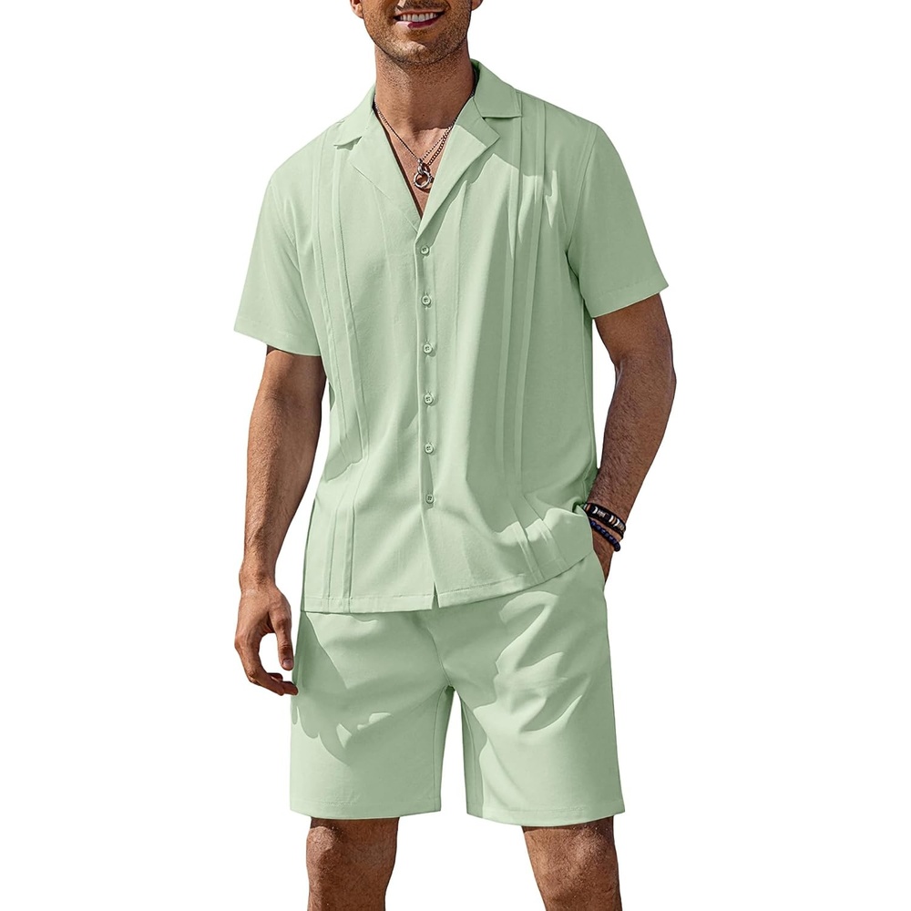 image:imageCOOFANDY Mens 2 Piece Short Set Guayabera Button Down Shirt Casual OutfitsLight Green