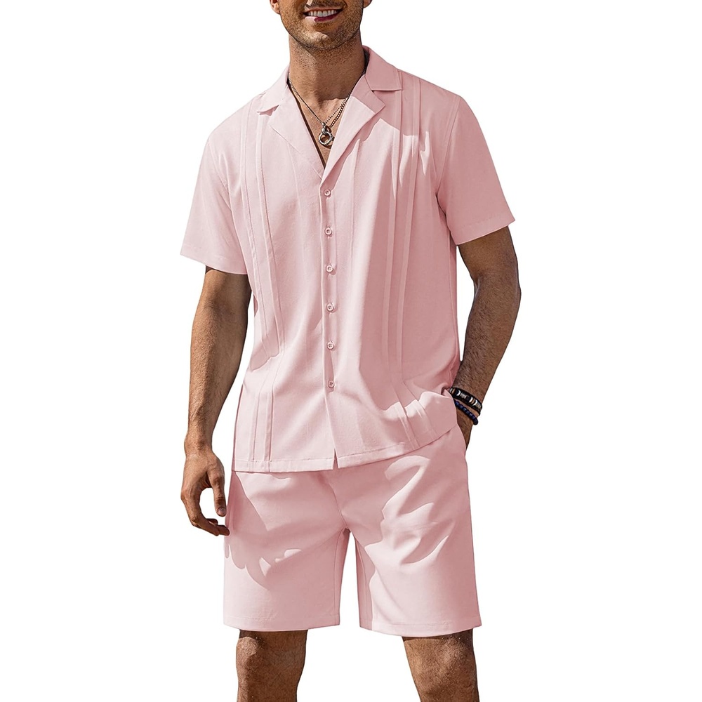 image:imageCOOFANDY Mens 2 Piece Short Set Guayabera Button Down Shirt Casual OutfitsPink