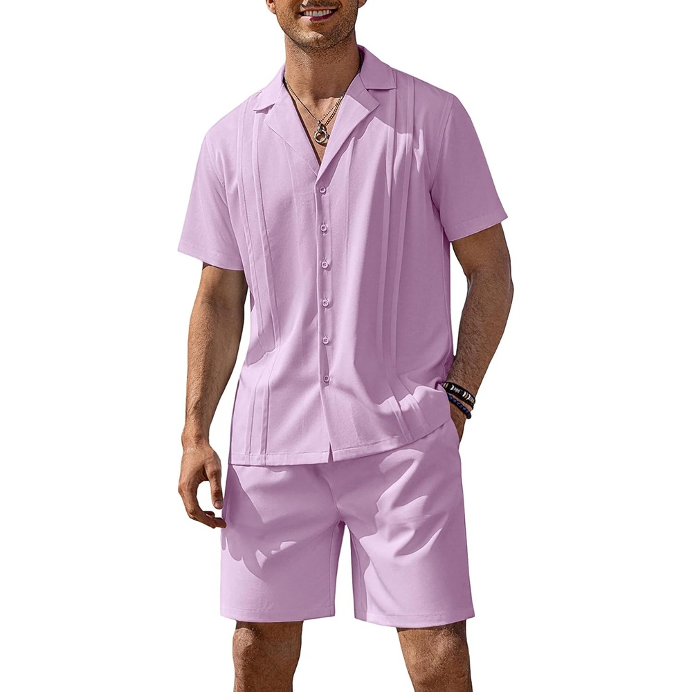 image:imageCOOFANDY Mens 2 Piece Short Set Guayabera Button Down Shirt Casual OutfitsPurple