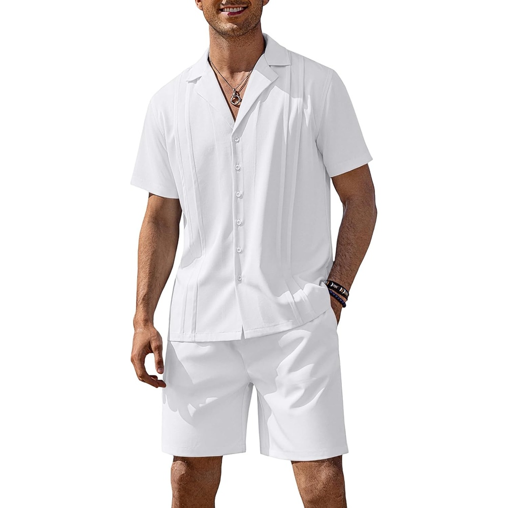 image:imageCOOFANDY Mens 2 Piece Short Set Guayabera Button Down Shirt Casual OutfitsWhite